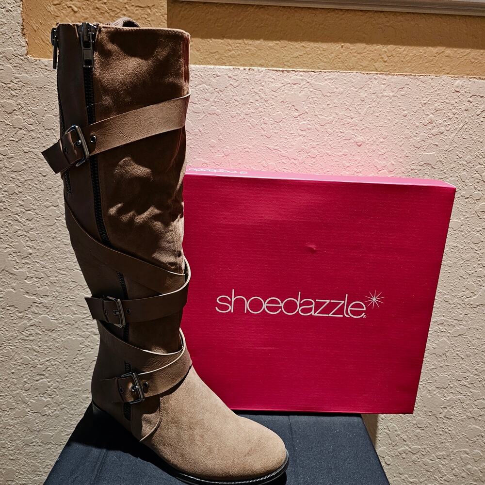 Moto Cecily Boots Women’s 8 Taupe Knee High Buckle Zip Faux Suede New Y2K Winter - Picture 2 of 13